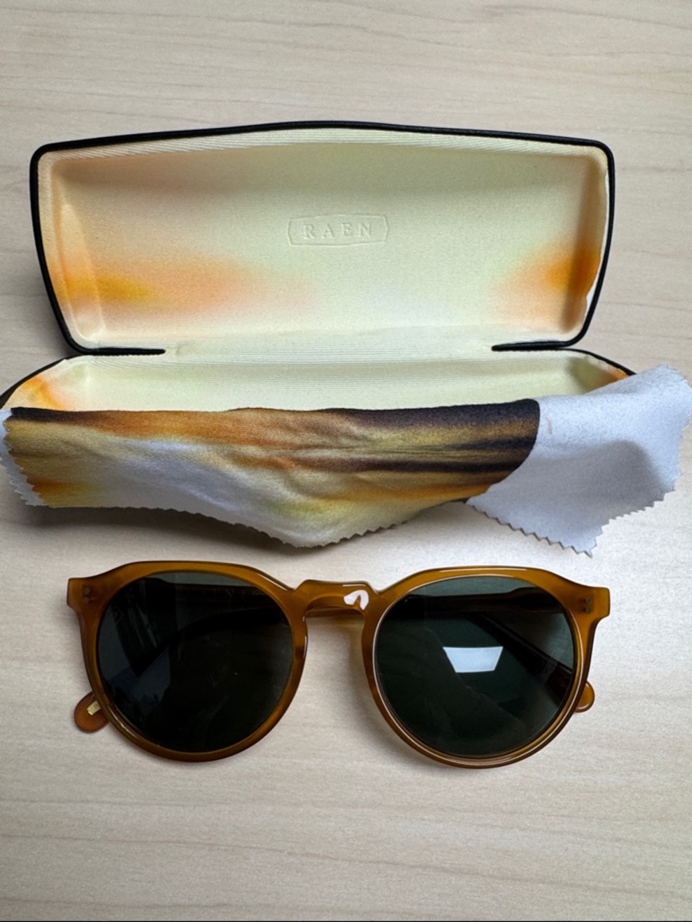 RAEN  Amber Acetate Sunglasses with Dark Green Lenses